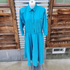 Vintage 1980s Cabrais Teal Blue Elastic Dress Long Sleeves Matching Belt